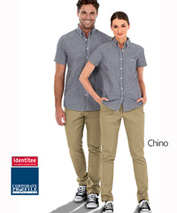 Modern Chino Pant #CH01 For Uniforms, coordinates with smart casual Identitee Polo, Check Shirts, Denim Shirts. Chino Pant is 97% cotton and 3% spandex stretch, flat fronted, 4 pockets, Mens #CH01 Sizes 28-46, Womens #CH02 Sizes 6-22.Colours Black, Natural. For all the details the best idea is to contact Renee Kinnear or Shelley Morris on FreeCall 1800 654 990.