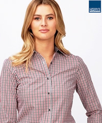 Black-Red-White Check Shirts for Uniforms, Company and Teamwear.Also available Navy-Sky, Navy-Black-White,  Black/Royal #W69 and Ladies #W70. Large range of Sizes. Contrast inner collar, horn buttons. High performance plaid check. Corporate Profile Clothing FreeCall 1800 654 990