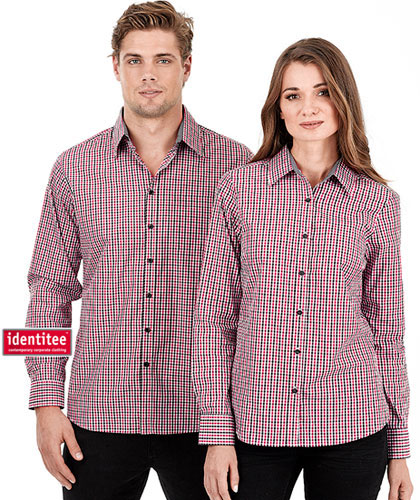 Identitee Check Shirt #W54 and Ladies #W56, Long Sleeve Shirts available in Navy/Black/White. Also, Red/Black/White (pictured) and Taupe/Black and White. Logo embroidery service is available.  Mens and Ladies. For all the details please call Renee Kinnear or Leigh Gazzard on FreeCall 1800 654 990