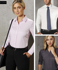 Business shirts with superb logo embroidery service. Benchmark #M8110L available in Soft Pink, Navy, Storm Grey and White. Ladies 6-26 Long Sleeve, Short and 3/4 sleeve. Mens XS-5XL, Long and Short Sleeve. Cotton Rich 60% Cotton. Corporate Profile Clothing FreeCall 1800 654 990