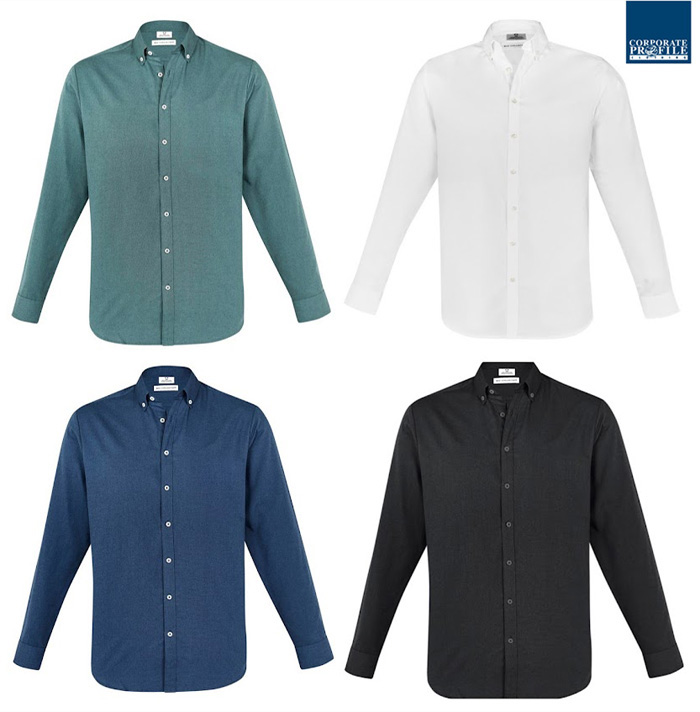 Oxford weave shirts for corporate relaxed wear. Logo embroidery service. No Pocket style. Available in Black, White, Grey Smoke, Mineral Blue, Jasper Green. Large range of Mens and Ladies Sizes. Corporate Profile Clothing FreeCall 1800 654 990