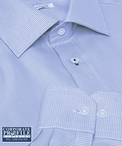 Cotton Houndstooth Shirt #TNP With Corporate Logo Service100% Cotton Yarn dyed houndstooth with tapered fit, fashion collar, cufflink facility. Features contrast stitch detailing on select buttons. Mens SM-5XL, Womens 8-26 Womens shaped body detailing.Colour, Blue. For all the details please FreeCall 1800 654 990