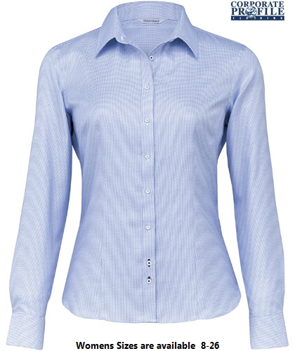 Womens Cotton Corporate Shirt #TNP Houndstooth Blue With Corporate Logo Service100% Cotton yarn dyed houndstooth with tapered fit, fashion collar, cufflink facility. Features contrast stitch detailing on select buttons. Mens SM-5XL, Womens 8-26 Womens shaped body detailing.Colour, Blue. For all the details please FreeCall 1800 654 990 