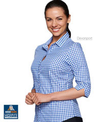 Business Uniform Check Shirt Ladies #2909T With Logo Service. For Business of all Sizes. Notice the small subtle houndstooth check inside the collar and button panel. Checks available in various sizes including Devonport Bold Check. There are Short Sleeve, Three Quarter Sleeve and Long Sleeve options. Colours include Black Check, Claret Red Check, Charcoal Check, Emerald, Mauve and Slate over the 3 styles. For more details please FreeCall 1800 654 990