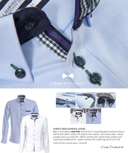 The Oxford #Purple Bow 40 Shirt in our collection has 3 main points of difference: Superior Organic Cotton for softness and strength, Iron Free Fabric Treatment and a Split Yoke which ensures smooth contoured shoulders and a greater range of motion. J. Harvest and Frost is all about presenting finer corporate dress shirts. Corporate Sales FreeCall 1800 654 990.