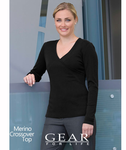 Merino Crossover Top Womens #WEGMX, Black and Navy, Sizes 8-22. 260 gsm 100 Percent Merino Wool, tapered fit