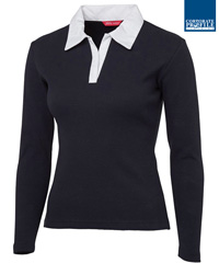Ladies Rugby #3LR With Logo Service, Navy/White (001)  and Black/White (002) available Navy and Black with White Collar, 95% Cotton for comfort, and 5% Elastane for stretch, Features an open, button-less placket, Tailored waist, Side splits, Slim Fit