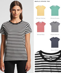 Cool striped tee shirts for uniforms and venue outfits. Womens Maple Stripe Tee #4037 With Print Service. Lightweight, 100% Combed Cotton, with quality neck ribbing side seamed, shoulder to shoulder tape to provide body,, preshrunk for superior resistance to shrinkage. Corporate FreeCall 1800 654 990.