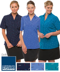 Healthwear Drift Print Ladies Shirt #2192 Short Sleeve. Comprehensive range of staff shirts and tops for Healthcare Industry. City Collection is one of Australia's leading specialists in supply of tailored styles designed for the active work environment with tops designed to fit most body shapes. There is a wide selection of colours and action back styles for extra movement and comfort. Short and 3/4 sleeve styles are available. All fabrics have an easy care finish, with minimal, or no ironing required. The majority of the range is quick drying, perfect for people on the go. Fabrics have been selected for their quality and durability. For City Collection Distributor please call Shelley Morris or Leigh Gazzard at Corporate Profile Clothing on FreeCall 1800 654 990.