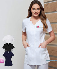 Uniform Tunics #H133LS with Logo Service. Teflon Stain Release Stretch Fabric. Navy, Black and White. Sizes 6 to 20.. Has a centre back action pleat, longer line with deep side splits, Style Zen #H134LS has  Wrap Over Styling with V Shaped Neck.