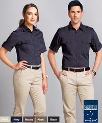 Uniform Shirt With Removable Epaulettes on The Shoulders #M7911 With Logo Service. Great appearance and comfortable to wear. Available Long Sleeve and Short Sleeve, Navy, Black, Khaki, Sand, Navy. 60% Cotton 35% Polyester 5% Elastane Stretch. Roll Up sleeve, chest pockets, removable epaulettes on the shoulders. For details and to arrange a sample for inspection please call Renee Kinnear or Shelley Morris on FreeCall 1800 654 990.