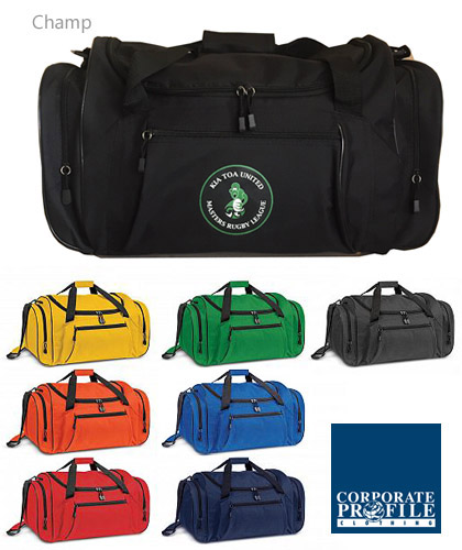 Inspect a sample of the 58cm Champ Sport Bag #109077  ready for your logo. Champ is available in 8 solid, plain colours. This versatile, sturdy bag is suitable for kids and adults. It has an adjustable woven shoulder strap with a shaped shoulder pad for maximum comfort. The shoulder strap is removable and the bag also has woven carry handles with a Velcro cuff. Other features include a sturdy reinforced base with plastic feet, three zippered external pockets and two mesh external pockets. Call Free 1800 654 990