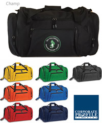 Inspect a sample of the 58cm Champ Sport Bag #109077  ready for your logo. Champ is available in 8 solid, plain colours. This versatile, sturdy bag is suitable for kids and adults. It has an adjustable woven shoulder strap with a shaped shoulder pad for maximum comfort. The shoulder strap is removable and the bag also has woven carry handles with a Velcro cuff. Other features include a sturdy reinforced base with plastic feet, three zippered external pockets and two mesh external pockets. Call Free 1800 654 990