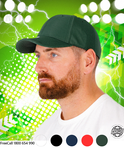 The best value Australian Designed Sports Caps for bulk quantity customers. Attractive appearance and a quality presentation., the Hydro range have the edge  #CP5002  is available in Black, Navy, Red, White, Aussie Green. Features a back hook-and-loop closure. FreeCall 1800 654 990