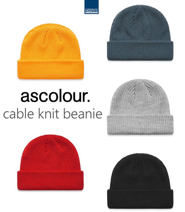 Wide knit cable beanie with logo service. #1120 5 Colours, Gold, Red, Black, Petrol Blue, Grey Marle. Cuffed hem, short body, Mid weight, warm soft 100% acrylic. One size fits all. For details on business or club logo service please FreeCall 1800 654 990.