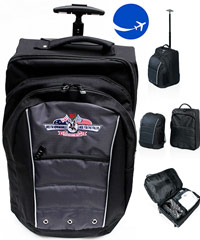 Carry On Airline Bag with Wheels  #BTNT With Logo Service for Corporate Gift and Promotion. Reinforced ripstop nylon and 600D polyester with latex rubber backing. Detachable accessory transit backpack with fleece lined laptop sleeve. Compliant airline carry on size. Large clamshell opening.Telescopic mono-pole handle. Side mesh drink bottle pocket. Reinforced main base compartment. Skate wheels. Velcro garment strap. Mesh backed quick grab handle. Heavy duty reinforcements with metal zip pullers. Rubber feet for added protection. Capacity: 48 Litres. Dimensions: 31cm W x 49cm H x 32cm D (includes front backpack). Decoration area: Front: 120mm W x 80mm H. Colour: black/charcoal