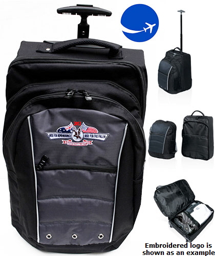 Carry On Airline Bag with Wheels  #BTNT With Logo Service for Corporate Gift and Promotion. Reinforced ripstop nylon and 600D polyester with latex rubber backing. Detachable accessory transit backpack with fleece lined laptop sleeve. Compliant airline carry on size. Fits in overhead compartment. Large clamshell opening.Telescopic mono-pole handle. Side mesh drink bottle pocket. Reinforced main base compartment. In-line skate style wheels. Velcro garment strap. Mesh backed quick grab handle. Heavy duty reinforcements with metal zip pullers. Rubber feet for added protection. Capacity: 48 Litres. Dimensions: 31cm W x 49cm H x 32cm D (includes front backpack). Decoration area: Front: 120mm W x 80mm H. Colour: black/charcoal