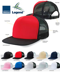 Legend Caps with Flat Peak and Mesh Back #4384 in Team Colours. Embroidery or Print Logo Service is available. 10 colour combinations. Nylon mesh side and back panels. Padded cotton sweatband. Great Brands. Great Prices. For all the details please call Renee Kinnear on FreeCall 1800 654 990.