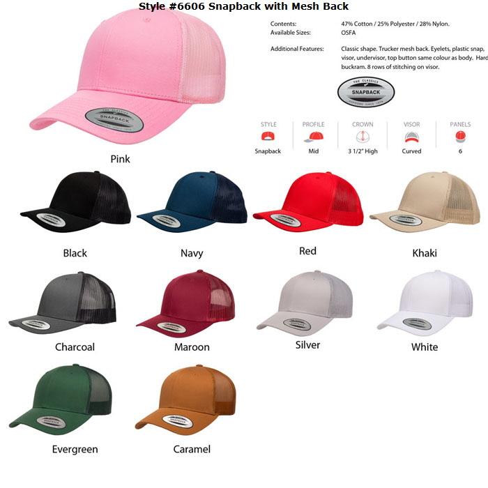 Mesh Back Cap #6606 available in Black, Navy, Red, Khaki, Charcoal, Maroon, Silver, White, Evergreen, Caramel with logo service. One size fits all, classic shape, mid profile, crown is 3.5 inches high, curved visor. Details at Corporate Profile Clothing FreeCall 1800 654 990