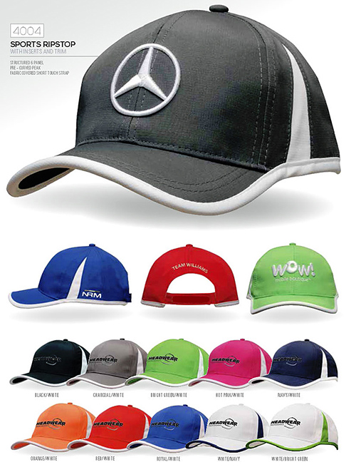 Lightweight sports caps in attractive contrast colours. Lightly structured with short velcro touch strap. 12 Colours. Top class Australian Embroidery and Print service for your logo. Corporate Profile Clothing FreeCall 1800 654 990