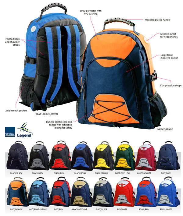 Kids Back Packs #B207 with print service. Lowest prices for Schools, Sporting Clubs and Travel, Outdoor Recreation. Sixteen colours. 38cm (W) x 43cm (H) x 17cm (D).Features compression straps, bungee elastic cord and toggle with reflective piping for safety, padded back and shoulder straps, large front zippered pocket, 2 elasticised mesh pockets, silicone outlet for headphones, moulded plastic handle. Long life performing 600D polyester, superior resistance to fading.For corporate enquiries FreeCall 1800 654 990