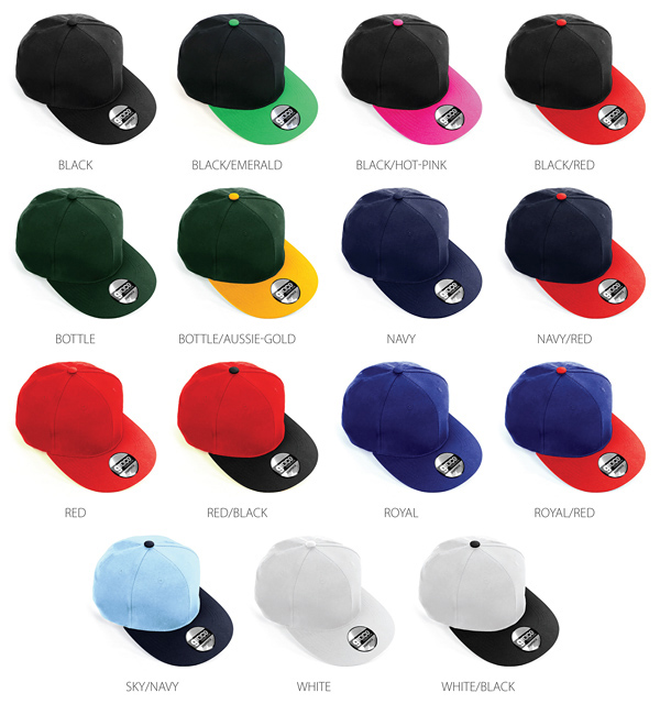 Promotional Flat Peak Snapback Cap #AH950 With Logo Service. Popular for Kids Sports Clubs. Great Caps. Great Prices. Local Stock Service and Custom Headwearat promotional prices. The Snapback Cap features sporty contrast panels on the crown and peak. Stock service in 15 Team Colour combinations. Awesome for Sports, Special Events, Club Members, Schools. Enquiries FreeCall 1800 654 990