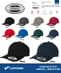 Outstanding Snapback Cap for your logo available in 8 colours, Black, Navy, Charcoal, Maroon, Red, Royal, Spruce and Grey. With classic shape, buckram peak.  Superb Australian embroidery service. Corporate Profile Clothing FreeCall 1800 654 990