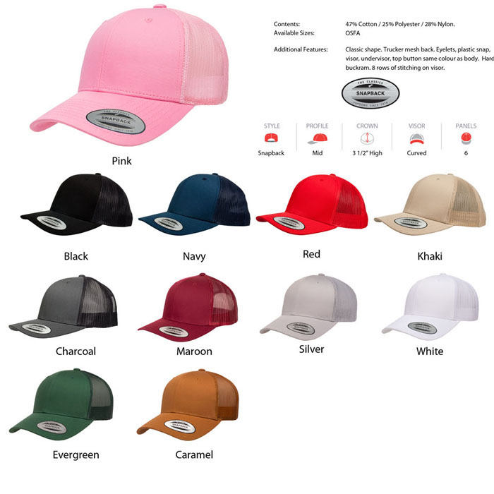 Outstanding Snapback Cap for you logo available in 8 colours, Black, Navy, Charcoal, Maroon, Red, Royal, Spruce and Grey. With classic shape, buckram peak. Superb Australian embroidery service. Corporate Profile Clothing FreeCall 1800 654 990