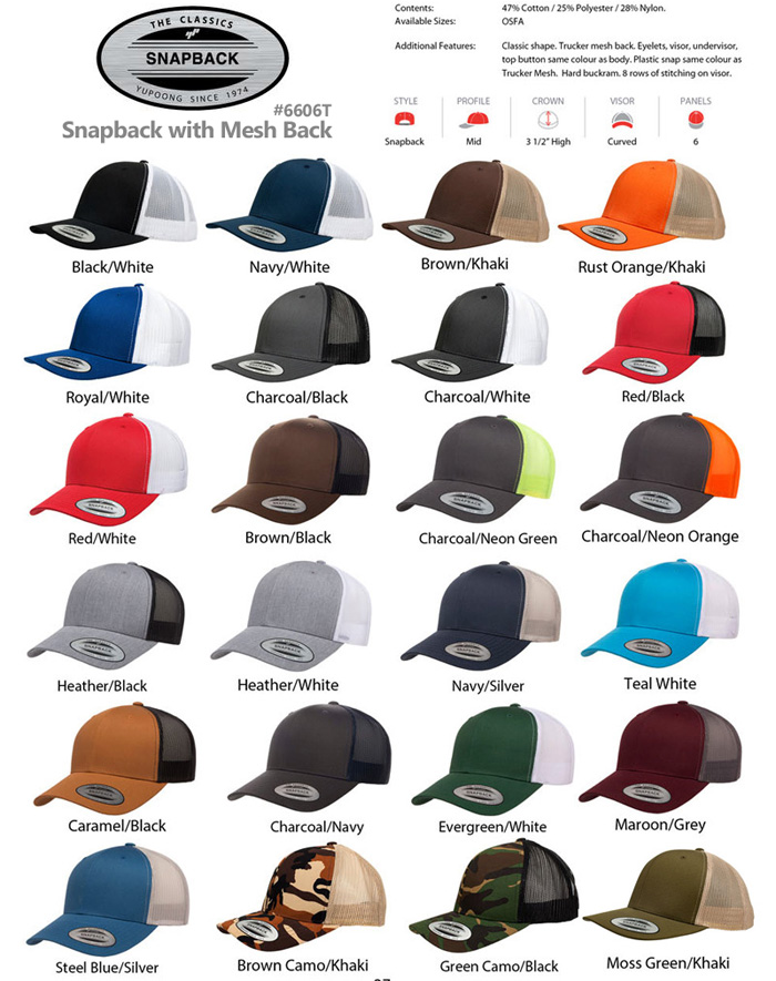 Outstanding Snapback Caps for your logo available in 24 team colours. Superb Australian embroidery service. Includes Navy/White, Black/White, Red/Black, Charcoal/Black Maroon/Grey. Business and Teamwear. Curved Visor, Mid Profile, 6 Panels. Corporate Profile Clothing FreeCall 1800 654 990