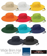 Sturdy wide brim sun hat in Team Colours Cabana #112787 With Logo Service, 10 Colours, heavy brushed cotton and is available in four sizes including a child's size. It features a sweat band, smart gunmetal eyelets and a woven chin strap which has a break away safety clip and a sliding adjustment toggle. Cabana offers UPF50+ Excellent Protection from the sun and complies with ASNZS 4399-1996 standard. Call Free 1800 654 990
