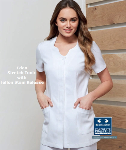 Corporate Healthwear Tunic Eden #H133LS with Logo Service. Eden available in Navy, White and Black. Main feature is Teflon Stain Release Stretch fabric. The Eden has a concealed button through the front with 2 lower front pockets and collarless with V shaped neck detail. Centre back action pleat. For details and to request a Sample to try on, please call Shelley Morris or Leigh Gazzard on FreeCall 1800 654 990.