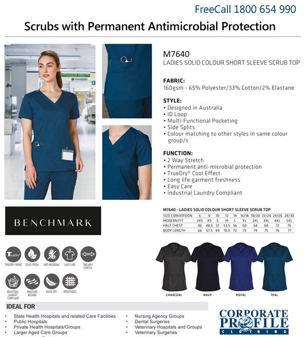 Designed in Australia. Fresh new Scrubs with Permanent Anti Microbial Protection available in Ladies and Mens Short Sleeve Tops and Pants. There are four x Plain Solid Colours #M7640 and four x Scrubs with a Contrast V Neck Trim #M7660. Elastic Waist Solid Colour Pants to match with Tops. In Australia FreeCall 1800 654 990