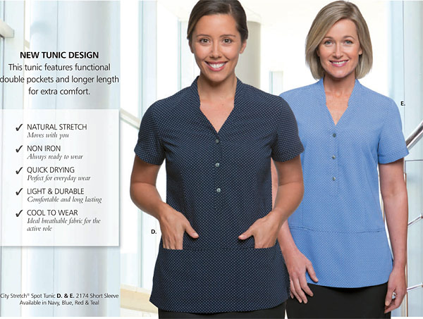 Spot Tunic #2174 Healthwear Uniforms by City Collection. Logo service is available.This tunic features functional double pockets and longer length for extra comfort. 4 Colours. Light and Durable. Cool To Wear. Short Sleeve. For all the details the best idea is to call Renee Kinnear or Leigh Gazzard on FreeCall 1800 654 990