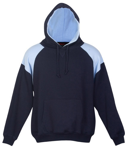 Inspect Navy-Sky Blue Hoodie #F303HP With Logo Service. Also available in 14 other team colours. High performance, warm hoodies for winter sports, midweight 320gsm. Features contrast panel shoulders with athletic raglan sleeve. Kangaroo pocket at front. Clubs Call Free 1800 654 990