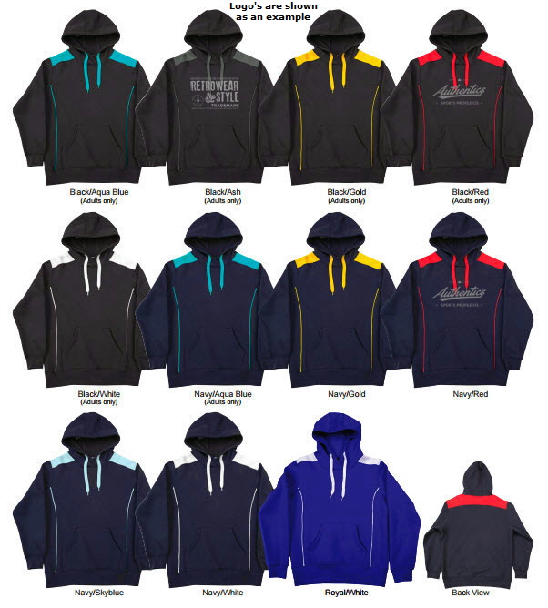 Hoodies in Team and Club Colours for local AFL Aussie Rules, Netball and Football Soccer Clubs. Colours for Tigers, Bombers, Cats, Eagles, Magpies, Demons, Saints, Power, Blues, NSW, Roosters etc. Hoodies logo embroidery and print service available. Good quality drawstring, and ribbing around the waist and sleeve cuffs.Long lasting polycotton sweatshirt fabric. For all the details please call Renee Kinnear or Shelley Morris on FreeCall 1800 654 990