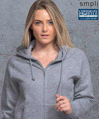 Full zip womens hoodie for corporate and club requirements. Also available in Mens. Colour is Grey Marle, Split pouch Roo pockets, Soft handle cotton-polyester sweat material, Drawstring hood, 2 x 2 ribbed knitted trim on cuffs and hem, Concealed front zippered plaquet, smpli™ badge. Coordinates with SMPLI Puffer Vest, Jacket. For corporate sales please contact Corporate Profile Clothing FreeCall 1800 654 990