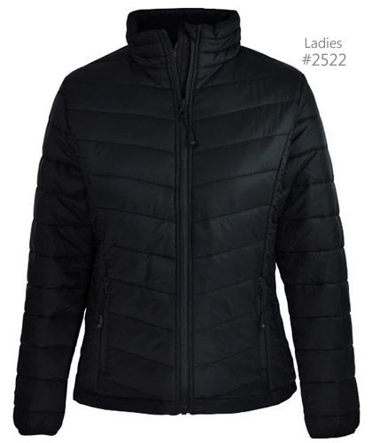 One of the best value Puffer Jackets for Corporate and Club Member Mens #1522 Ladies #2522. Available in Black and Navy, large range of sizes. The Buller Puffer is light and warm with padding. Zip pockets, elastic cuffs,self fabric chin guard, interchangeable zip pullers sold separately. Enquiry FreeCall 1800 654 990 