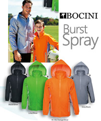 Burst Sport Spray Jacket #CJ1430 With Logo Service. Available Black/Silver, Orange/Silver, Grey/Black, Lime/Silver. Shower proof zip through jacket with a hood, front zip pockets, vented back for breathability, nylon shower proof outer shell. Enquiries: FreeCall 1800 654 990