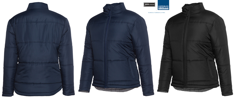 Perfect Puffers for Business and Clubs. #3ADJ with Logo Service. Contemporary retail style. Longer back drop tail for extra coverage. Available Black and Navy. Warm extra thick polyfill with bold horizontal design lines. Ladies and Mens. Large range of sizes including Kids. Corporate Profile Clothing