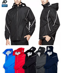 Have your Company or Club logo embroidered on these outstanding Spray Jackets #1524 available in Navy, Black, Red and Cyan Blue. Sizes SM-3XL and 5XL. High Performance Water and Rain Resistant fabric, Sporty Reflective Tape down the Sides, on the back of the Collar and around the Sleeves. Soft to touch fabric, chin guard to avoid rubbing in cold conditions, hidden hood folds away, professional appearance for any company special event. For more details Corporate Profile Clothing, FreeCall 1800 654 990.