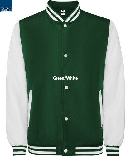 Corporate and Club Varsity Jacket #6440 Green-White With Logo Service 420 px