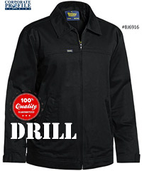 Mens Drill Jacket with Cotton flannelette lining, available in Black and Navy Sizes XS-6XL. #BJ6916 Internal cotton rib cuffs, Nylon zipper front fastening with plastic slider, 2 angled side welt pockets, Internal waist patch pockets, Internal left side patch phone pocket, Adjustable button tab sleeve cuff. FABRIC,100% Cotton Drill, 240gsm with Liquid repellent finish, 100% Cotton Flannelette Lining 170 gsm. Enquiry FreeCall 1800 654 990