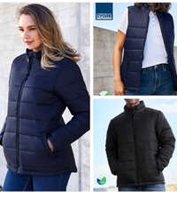 Eco Friendly Puffer Jackets, lightweight and showerproof #J212M Mens and Ladies, Black and Navy. Has a plain, non quilted chest panel for logo decoration. Stand up wind collar and a chin guard, zipped pockets. Corporate Profile Clothing FreeCall 1800 654 990        