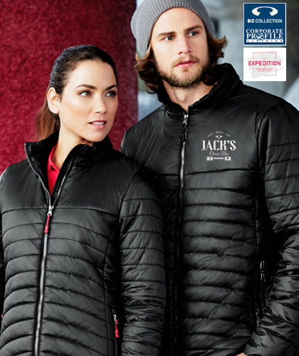 Corporate Puffer Jacket #J50M and Ladies Corporate Puffer Jacket #750L With Logo Service, available Black and Navy. Ultra Lightweight and Silky Soft To Touch Touch. The outer shell is 100 percent Nylon Ripstop material, lightly water repellant. The inside lining is 100% Hi Loft Polyfill, warm and ultra lightweight. High collar stand with chin guard, internal cuff elastic, inside left chest pocket and zippered hand pockets. Coloured zippers are available as an add on to accent your logo. For details and to examine this Puffer Jacket #J750M FreeCall 1800 654 990
