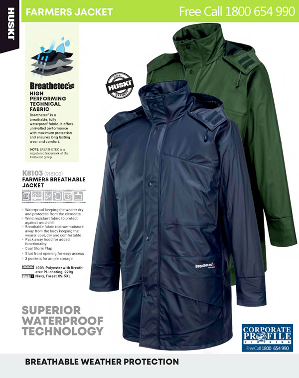 Superior waterproof technology. Farmers Jacket #K8103 Navy and Forest. Keeps the wearer dry and protected from the elements. Wind resistant fabric to protect against wind chill. Breathable fabric to draw moisture away from the body keeping the wearer cool, dry and comfortable. Pack away Hood, Dual Storm flap front with Stud front opening for easy access. 3 Pockets for ample storage. Breathtec is a High Performing Fabric. Logo service is available Enquiries FreeCall 1800 654 990