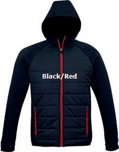 Stealth-Jacket-Black-and-Red, Puffer Jackets and Vests in Team Colours, #J515M, # J515L with logo embroidery service. Promotional and Sport Industry favourites, with 5 colour combinations, Black, with zippers in Red, Silver, Lime, Cyan Blue and Magenta Pink. Mens and Ladies sizes. Fully fashioned appearance with comfortable fittings. Hi-Loft polyfill inside for warmth. Wear outdoors or inside for company uniforms in the Office, Leisure Centre, Events, Schools, 