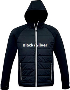 Stealth-Jacket-Black-and-Silver, Puffer Jackets and Vests in Team Colours, #J515M, # J515L with logo embroidery service. Promotional and Sport Industry favourites, with 5 colour combinations, Black, with zippers in Red, Silver, Lime, Cyan Blue and Magenta Pink. Mens and Ladies sizes. Fully fashioned appearance with comfortable fittings. Hi-Loft polyfill inside for warmth. Wear outdoors or inside for company uniforms in the Office, Leisure Centre, Events, Schools, 