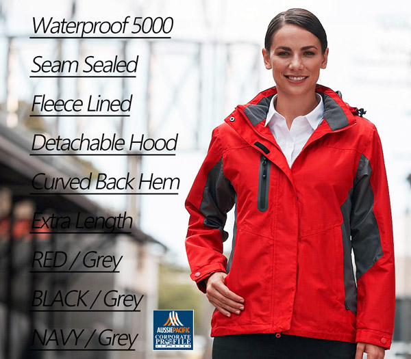 Inspect the outstanding Aussie Pacific Waterproof 5000 Jacket #1516 and Womens #2516. Logo service is available. Contemporary retail style with Waterpproof Rating of 5000. Warm micro brushed fleece is warm, perfect for outdoors staff in cold, windy conditions. Has a detachable hood, a water sealed chest pocket. Versatile weight for Tour outfits, Transport, Sport, Schools RED/Grey, NAVY/Grey, BLACK/Grey. Call Free Leigh Gazzard 1800 654 990