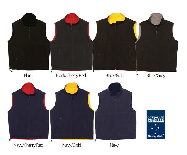 Mariner Outerwear Vest #PF04A Product Colour Card.With Logo Embroidery Service. The Vest has a Showerproof Microfibre Shell on one side with warm Polar Fleece lining on the reversible inside. There are hidden zips in both side seams for invisible logo embroidery access. Size label in front left pocket. A favourite, versatile style for Workwear, Sporting and Recreational activities. Great value, Sizes XS to 3XL. For all the details please call Renee Kinnear or Shelley Morris on FreeCall 1800 654 990.