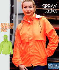 Hign Visibility Spray Jacket #SW27 With Logo Service. Fluoro Orange, Fluoro Yellow, Sizes XS-5XL. Outer - 100% Nylon with PU coating, Inner - 100% Polyester mesh lining, Waterproof heat sealed seams, Concealed hood with draw strings, Both internal and external storm flaps, Concealed air vents, Two side zip pockets, Bottom drawstring with toggles, Elasticised cuffs, Jacket folds into a separate pouch bag, Conforms to AS/NZS 4602.1:2011 Class D, day use safety wear. Corporate Sales Enquiries FreeCall 1800 654 990.